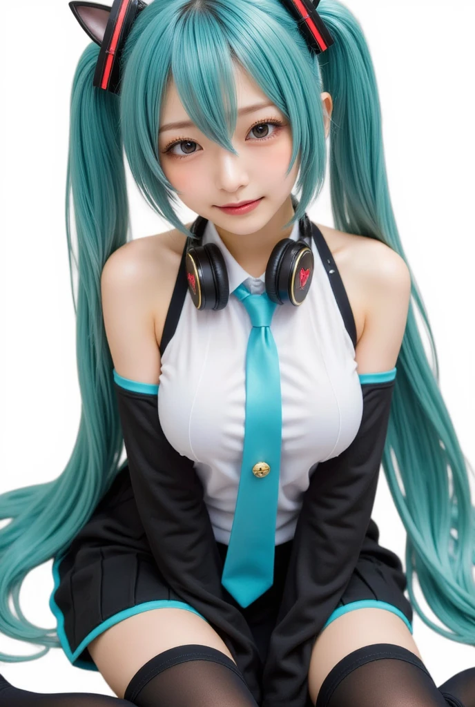 1girl,gal,large breasts,(best quality,absolutely resolution,ultra detailed,masterpiece),(photo realistic),8K,(detailed face),delicate realistic skin texture,(Shining eyes),Hatsune Miku,aqua hair,twintails,very long hair,hair ornament,hairpin,hairclip,animal hands,animal ears,neck bell,bracelet,heart earrings,wristband,white shirt,blue tie,bare shoulders,Separated sleeves,pleated skirt,thigh boots,smile,white skin,aqua eye,holding weapon,headphones around neck,dynamic angle,sit