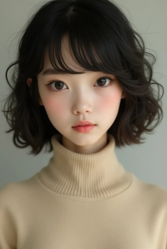 Portrait、master piece:1.3、one girl、Upper body、upper body、baby face、natural look、Very cute、brown hair、detailed eyeeautiful double、short bangs、short bob、small red earrings、plump lips、no makeup、green clotheocus on face、highest quality、high resolution、Super detailed、High quality、Detailed details、8k、(((blurry background、gray wall、gray background、White world、photography studio:1.5、cinematic lighting、professional photographer)))