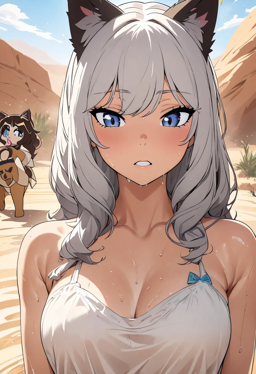 masterpiece,  Best Quality Animated Illustrations,  super detailed,  one girl ,  solo focus,  Beautiful Girl With Silver Hair Cat Ears, Change the animation, Cat Ears Lori ,  Taimo emphasis, Good Bastet,  bathing in a desert oasis , Wet Sheer