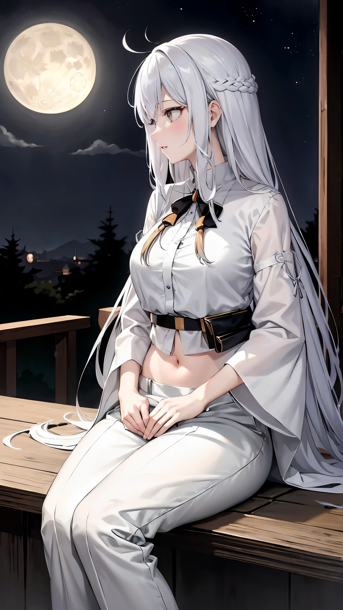 long silver hair 、 tension as the inner color for long hair, yellow eyes , Moonlight、 moonlight、、、, full body composition from head to toe、Chuckle、Older sister、Sexy Fashion、blouse、Belly button exposed、Tapered trousers、Night Beauty、A fearless face、Yamato Nadeshiko、Karate Kata、A dignified woman、 slender、Bodyline、Japanese beauty、Looking up at the moon、profile