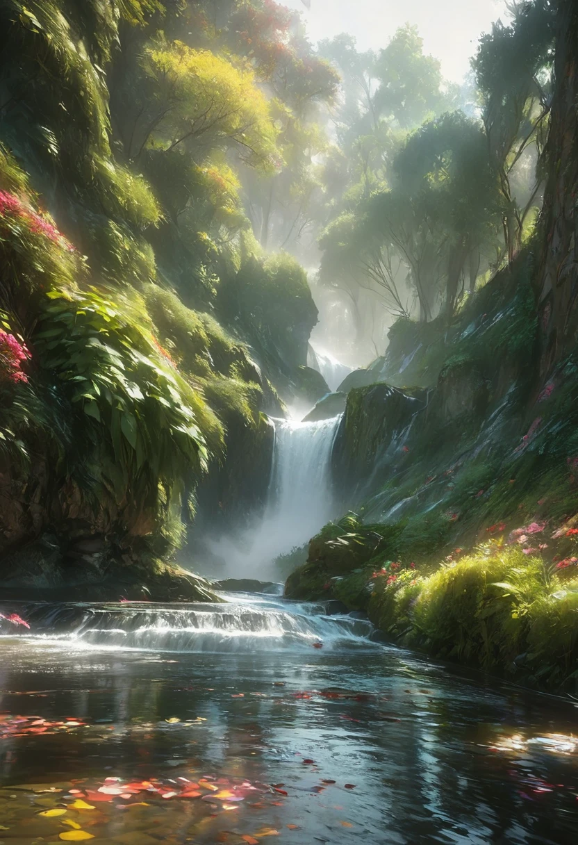  analog style ,Chroma V5,Nbinkupunk,( Extremely Fine CG UNITY 8K WALLPAPER),Epic River Images , Trees on both sides々, Small waterfall, Thick Fog , Award-Winning Photos , chromatic aberration,   Details ,  high definition , bloom, Monet&#39;s Style, Pissarro, and Sisley , trending at artstation ,  Photo of, art by midjourney