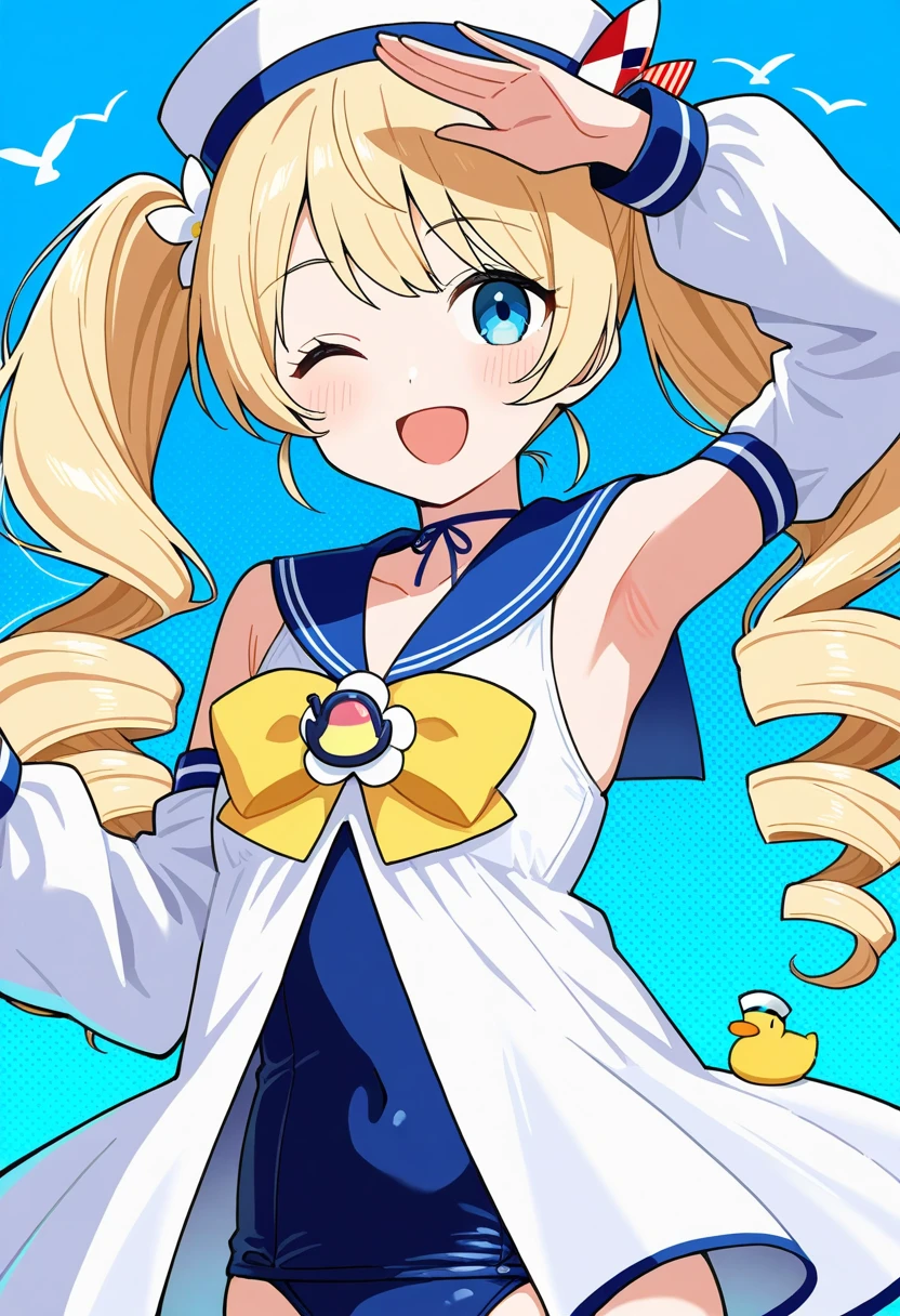 1girl, one eye closed, blue eyes, open mouth, twintails, ;d, armpits, long hair, blonde hair, sailor collar, twin drills, detached sleeves, hat, choker, long sleeves, dress, bowtie, swimsuit, sailor hat, hair ornament, white dress, one-piece swimsuit, looking at viewer, arm up, flower, duck, bird, bow, solo, blue background, smile, white headwear, yellow bow, white flower, blue sailor collar