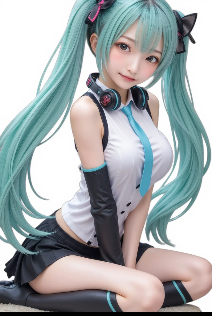 1girl,gal,large breasts,(best quality,absolutely resolution,ultra detailed,masterpiece),(photo realistic),8K,(detailed face),delicate realistic skin texture,(Shining eyes),Hatsune Miku,aqua hair,twintails,very long hair,hair ornament,hairpin,hairclip,animal hands,animal ears,neck bell,bracelet,heart earrings,wristband,white shirt,blue tie,bare shoulders,Separated sleeves,pleated skirt,thigh boots,smile,white skin,aqua eye,holding weapon,headphones around neck,dynamic angle,sit