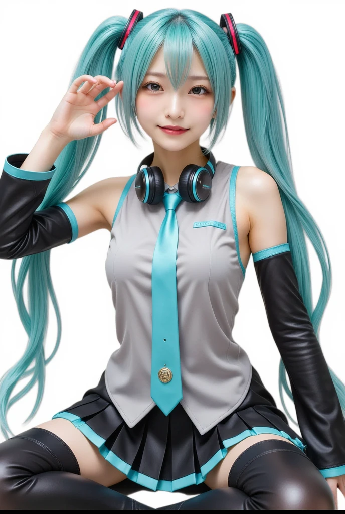 1girl,gal,large breasts,(best quality,absolutely resolution,ultra detailed,masterpiece),(photo realistic),8K,(detailed face),delicate realistic skin texture,(Shining eyes),Hatsune Miku,aqua hair,twintails,very long hair,hair ornament,hairpin,hairclip,animal hands,animal ears,neck bell,bracelet,heart earrings,wristband,white shirt,blue tie,bare shoulders,Separated sleeves,pleated skirt,thigh boots,smile,white skin,aqua eye,holding weapon,headphones around neck,dynamic angle,sit