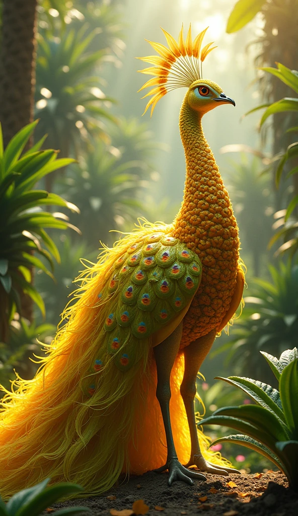 "Create a magnificent peacock fused with pineapple elements in a vibrant tropical paradise. The peacock's feathers are adorned with bright yellow and orange hues resembling pineapple skin, with subtle green highlights that mimic the leaves of a pineapple crown. Each feather shimmers with intricate patterns, and the tips are shaped like pineapple eyes, with a golden glow. The peacock's body is sleek and covered in a combination of smooth pineapple textures, giving it a surreal yet graceful appearance. Its tail fans out with iridescent layers, like a fusion of pineapple crowns and peacock feathers, radiating vivid shades of green, yellow, and gold. The background is a sunlit tropical garden, with towering pineapple plants and lush foliage. Light beams filter through the trees, casting a warm glow across the scene. The composition blends fantasy and nature, showcasing the surreal transformation of the peacock into a pineapple-inspired creature, set in a lush, dreamlike environment."