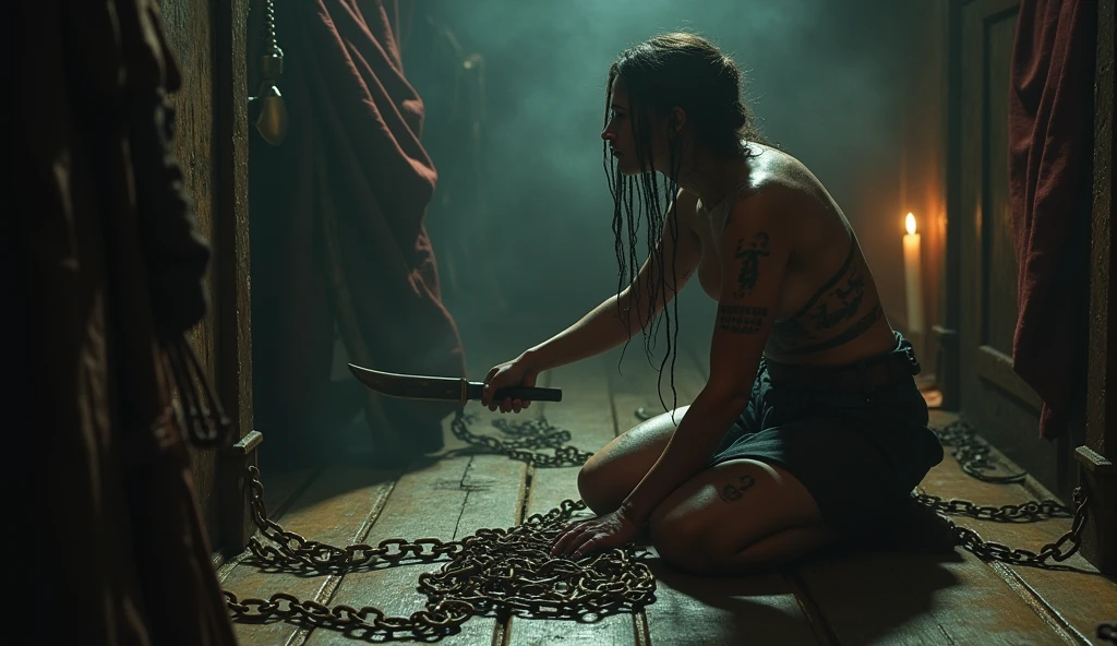 proud woman、Surrounded by men、whip、Rope wrapped around the neck、His hands and feet are tied to the beams with ropes、rampage、Painful expression、Detailed face、Detailed hands、Detailed legs、Tattered clothes、
