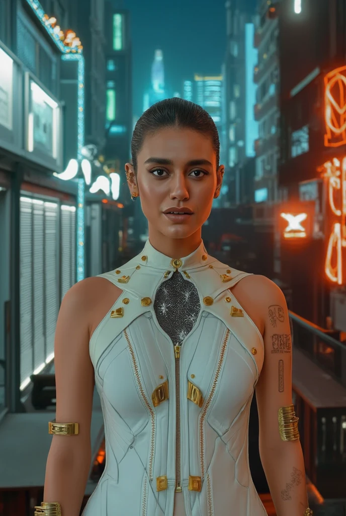 Standing in Cyberpunk City
Arm Muscles
Brown Skin
Short Black Hair
Gold Accessories
Female
Close-up
White Clothes with Gold Clips
Lobot Body Parts
Front View
Black Glue Hologram