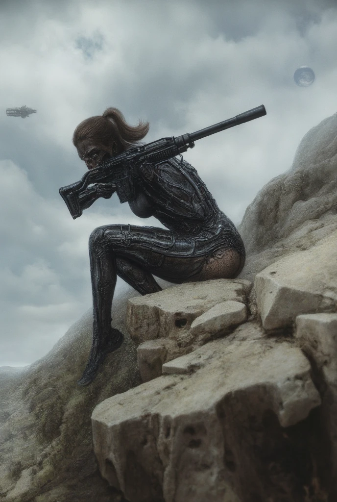 Sur les plaigne rocheuses. Une femme parcourant entre chaque rochers. Armée un Armée biomécanique. Vêtue un combinaison intégrale biotechnologies, créé a partit de substances noire organique. Donnant un surface noire gluant, fusionnant avec l'arme. Ciel nuageuse. Accroupie, visant avec l'arme en mode sniper. De deux lune dans le ciel et vaisseau entre les nuages. Anatomie correcte, Résolution Haute, Détails fins, Modèle HD, Fujifilm, 