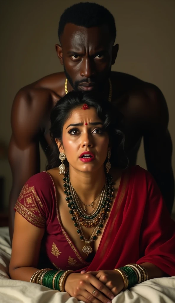 in a dimly light setting A naughty and curvaceous light neutral skin tone woman in traditional attire, wearing a deep red messed up elegant saree and intricate jewelry glass green bangles and a red small bindi between her eyebrows lady wearing a thin an long necklace is made of gold and has a long chain with black and gold beads. The beads are arranged in a repeating pattern, with the largest bead at the bottom and the smallest at the top. In the center of the necklace, there is a pendant with a design in the shape of a queen of spade symbol, The pendant is attached to the chain with a gold clasp. The overall style of the jewelry is traditional sits in a chair surprise her expression is painful, wide-eyed and mouth agape, lady is crying tearful eyes with messed up eye mascara. lady lying on stomach in bed and top of the lady a black african man wearing a thick silver chain is mounting on the lady, the black african man has an evil smile expression looking at the viewer, UHD, retina, masterpiece, accurate, anatomically correct, textured skin, super detail, high details, high quality, award winning, best quality, highres, 1080P, HD