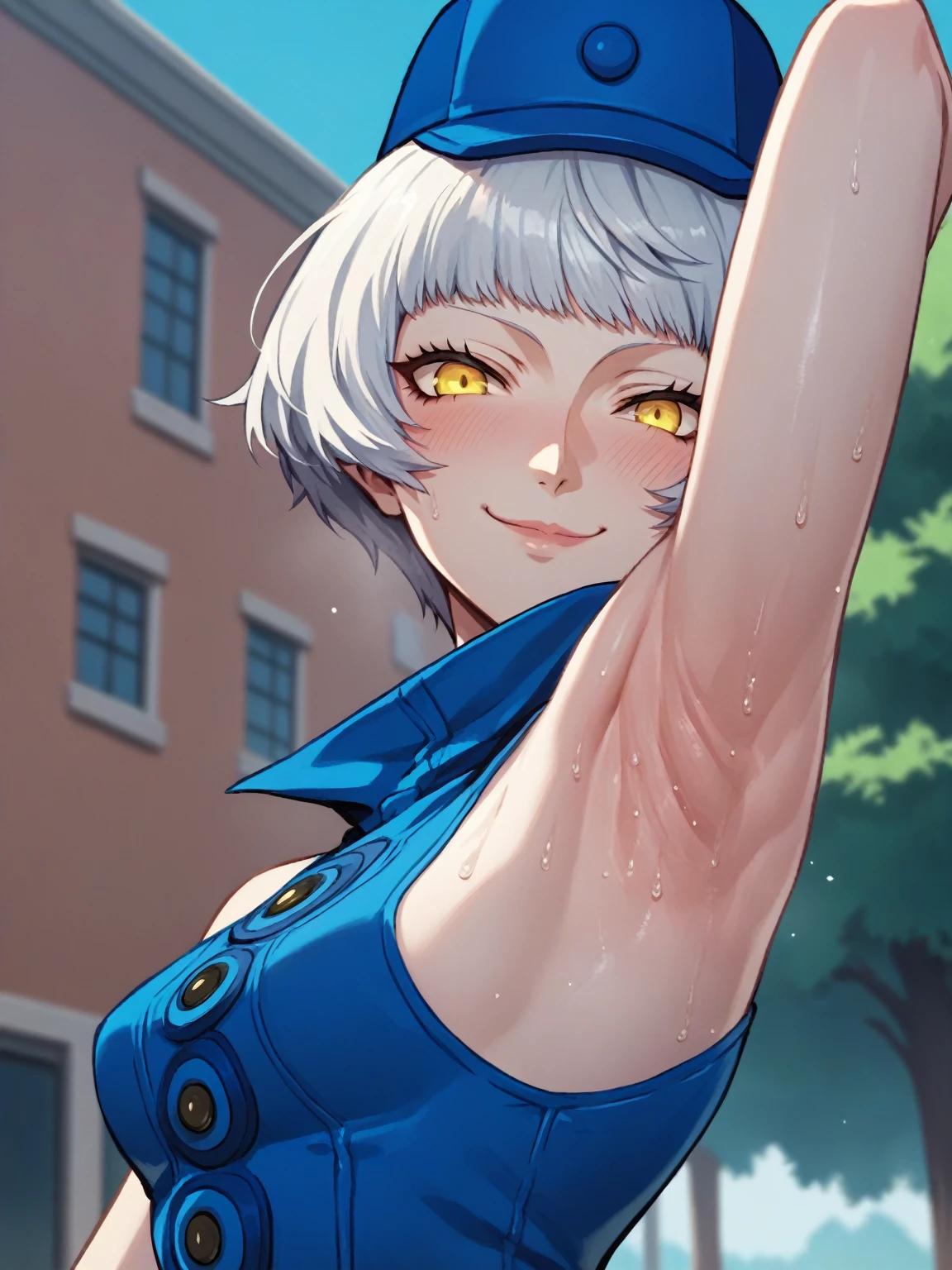 score_9, score_8_up, score_7_up, source_anime, anime screencap, 1girl, solo, outdoors, elizabeth from persona 3, short hair, white hair, yellow eyes, blue clothes, blue hat, looking at viewer, head towards viewer, arm up, raised arm, armpit, smile, smug, closed mouth, sweaty, blush, from side, from below 