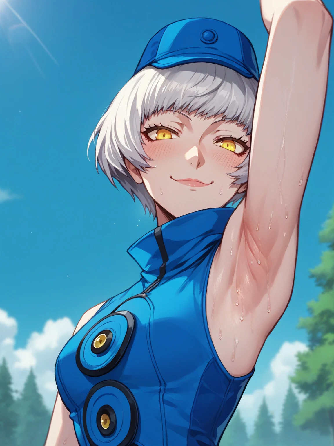 score_9, score_8_up, score_7_up, source_anime, anime screencap, 1girl, solo, outdoors, elizabeth from persona 3, short hair, white hair, yellow eyes, blue clothes, blue hat, looking at viewer, head towards viewer, arm up, raised arm, armpit, smile, smug, closed mouth, sweaty, blush, from side, from below 