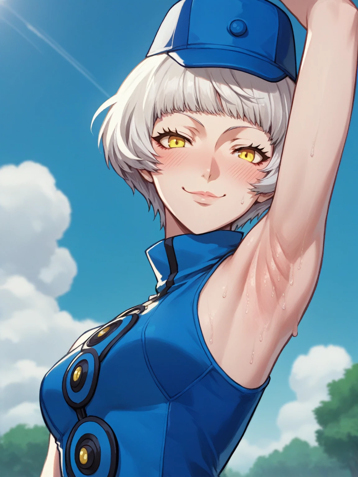 score_9, score_8_up, score_7_up, source_anime, anime screencap, 1girl, solo, outdoors, elizabeth from persona 3, short hair, white hair, yellow eyes, blue clothes, blue hat, looking at viewer, head towards viewer, arm up, raised arm, armpit, smile, smug, closed mouth, sweaty, blush, from side, from below 