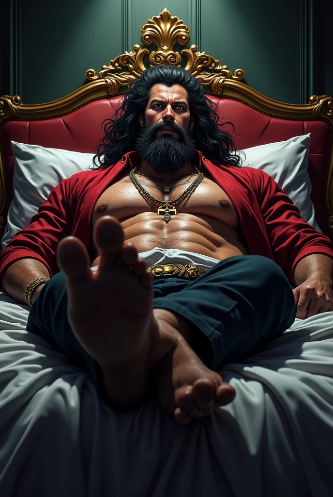 A handsome,Orc with abs tied to the bed,The whole person lies on the bed,Shoes taken off,Revealing two big bare feet,Feet should be in the picture,Both feet are locked in the foot,Lift your feet very high,The soles of both feet should face the screen,Both feet were tied to the bed,The whole person is in the shape of a "big" character,His hands were tied tightly to the head of the bed.,Raise your arms above your head,Arms tied to the bed,Unable to lift,The armpit is exposed,Tickle with feathers,His upper body was stripped,There are feathers under my armpits constantly scratching me,Make him feel more itchy,The soles of his feet were being scratched by two brushes.,There are also many feathers tickling between the toes。The abdomen is scratched with a brush,And he laughed,Struggling hysterically,Swinging his two feet。(Have an expression of laughing like being tickled,Keep your feet elevated,The soles of both feet should face the screen,Have lots of feathers on your feet,The feathers should touch the feet,The armpits need to be painted with large feathers and the abdomen needs to be painted with a brush.,Place your feet in the foot,Hands tied to the bed with ropes,The two feet are tied together with ropes,The rope should be tied at the ankle。)