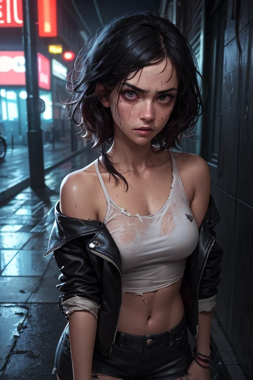 a young woman, street, laughing, ponytails, (hdr:1.3), (muted colors:1.2), dramatic, complex background, cinematic, filmic, (rutkowski, artstation:0.8), soaking wet