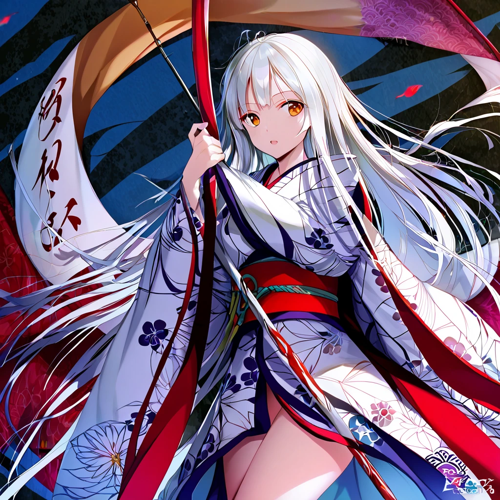 (  Very Detailed CG Octane Rendering 8K Wallpaper with Long Spears ),  World's Most Beautiful Artwork  , A flag with a coat of arms attached to a long spear,  complicated,  high detail,,  Japanese Kimono, Strong winds ,  best quality, Disarray of clothing,  thighs,、 with a flag attached to a long spear