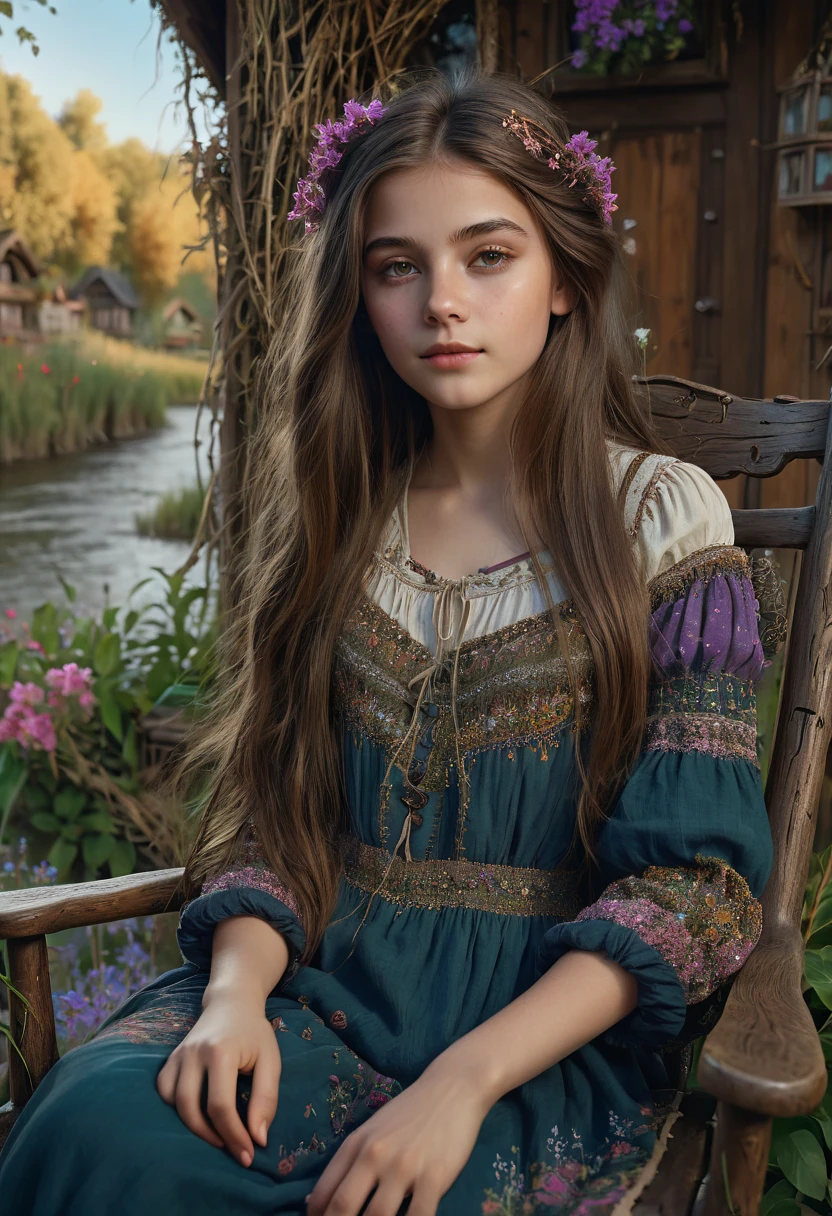 1girl, brown hair, dress, flower, grass, long hair, long sleeves, plant, potted plant, sitting, solo, traditional media, in style of Helen Allingham,
