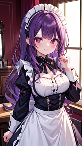 Maid girl with long purple hair. She blushes and looks at me shyly.. Accentuated breasts. She tosses her lush hair around while serving customers.. Maid clothes with frills. She serves the royal court.