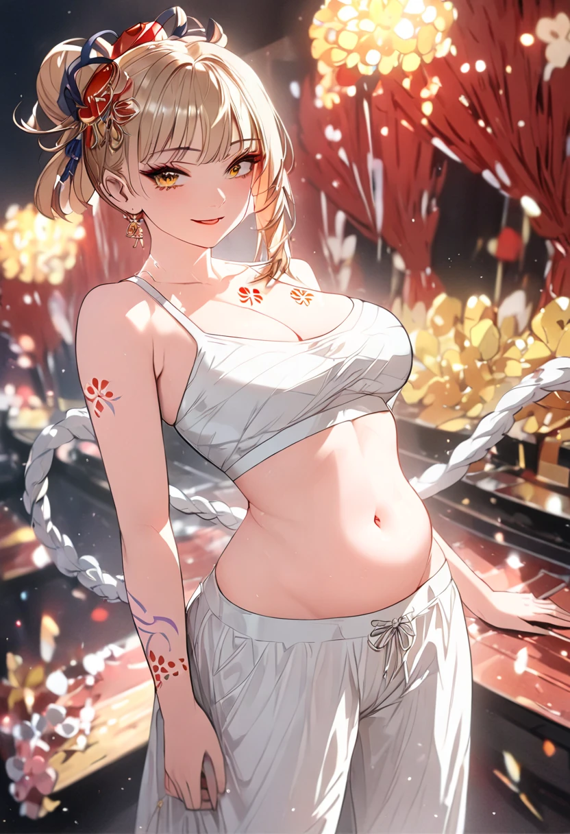 A beautiful girl wearing a white hoodie and white sweatpants, with a red top, her belly exposed, wearing gorgeous makeup, her eyes expressive and loving, a flirty smile on her face, whole body,(best quality,4k,8k,highres,masterpiece:1.2),ultra-detailed,portrait,glamour,fashion,cinematic lighting,vivid colors,warm color palette,depth of field, full body, 1girl, (\xiao gong\), blonde hair,ponytail, hair ornament,yellow eyes, chest tattoo,arm tattoo, , whole body, full body, dynamic pose, adult female, mature female, cleavage ,full body
