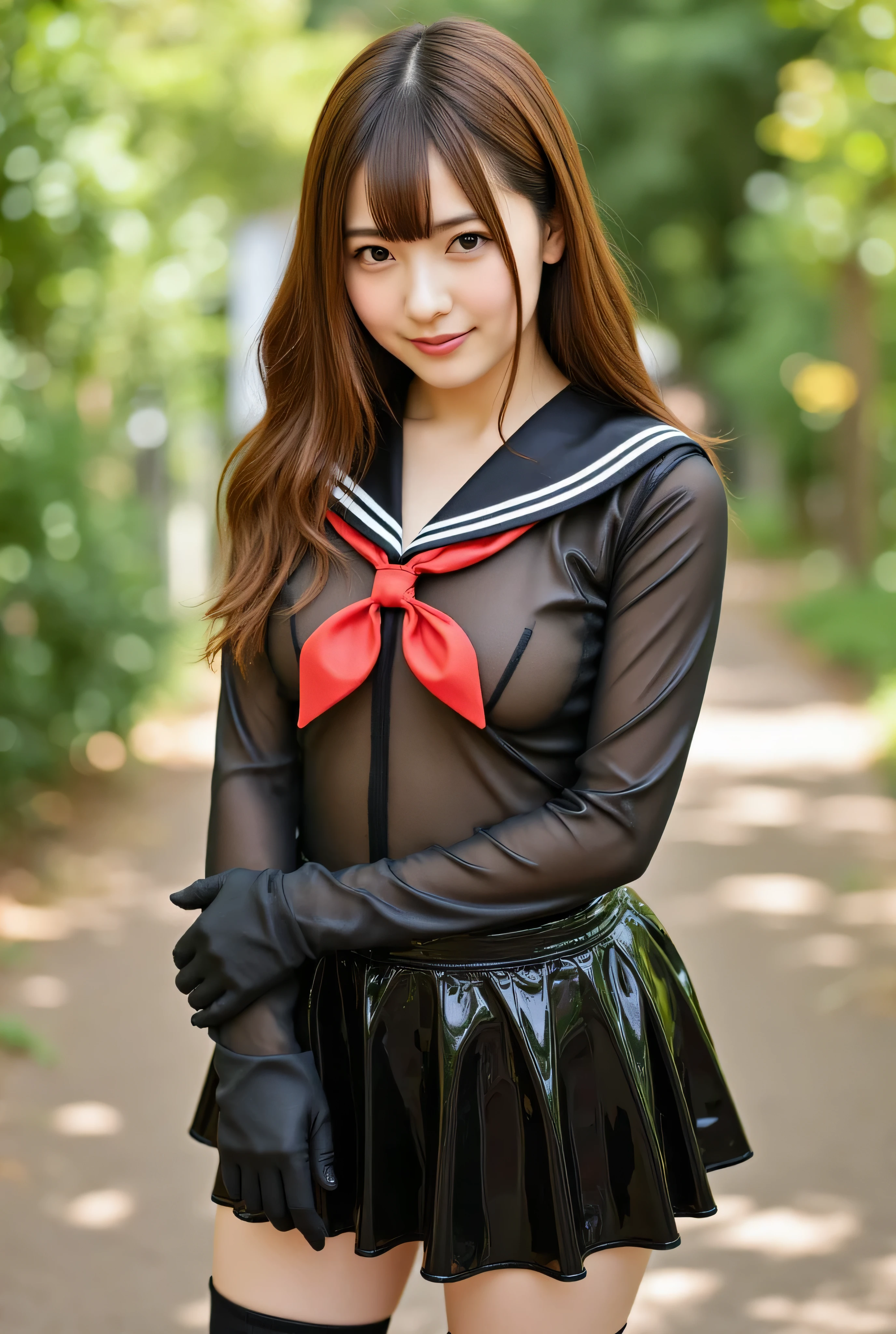 (masutepiece:1.0), (Best Quality:1.4), (超A high resolution:1.2), (Photorealistic:1.4), (8K, Raw photo:1.2), (Soft Focus:1.4),There was a woman wearing a sailor dress and taking pictures............................................................., full body Esbian, She is wearing a colorful latex sailor uniform, She is wearing a slime sailor uniform, Slime skin,sailor uniform transparent, smooth tight sailor moon,latex sailor collar with sailor ribbon, translucent skin,Latex, Translucent body, (black Translucent sailor uniform:1.2),latex shiny,(black latex gloves:1.2), The perfect japanese school uniform for your skin,golden long wavy hair,glossy shiny reflective,natural make up,goddess of Japan, Glossy skin,gorgeous  japanese model,Tecateca,shiny,shiny translucent skirt,Slimy,(black Glossy thigh-high boots:1.2),In the garden,Smile,(model pose:1.2) ,close up