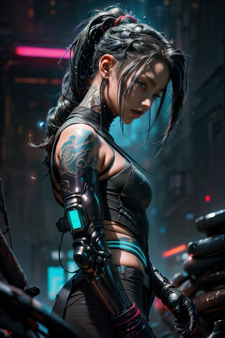 Realistic picture 8k,Chicks with tattoos,hips up,Girl in futuristic cybernetic costume,
