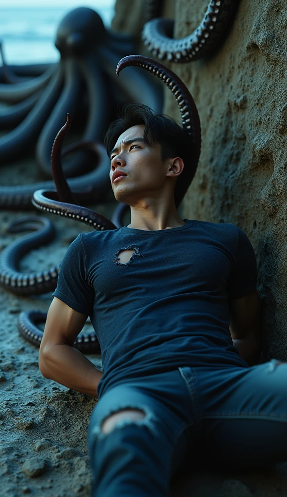 Full body photograph of Extremely handsome naked Asian drow elf 18-year-old boy, short black hair undercut hairstyle, very cute boyish face, soft skiny body, pointy ears, gray skin, wet cavern background with spider shoulder armor,