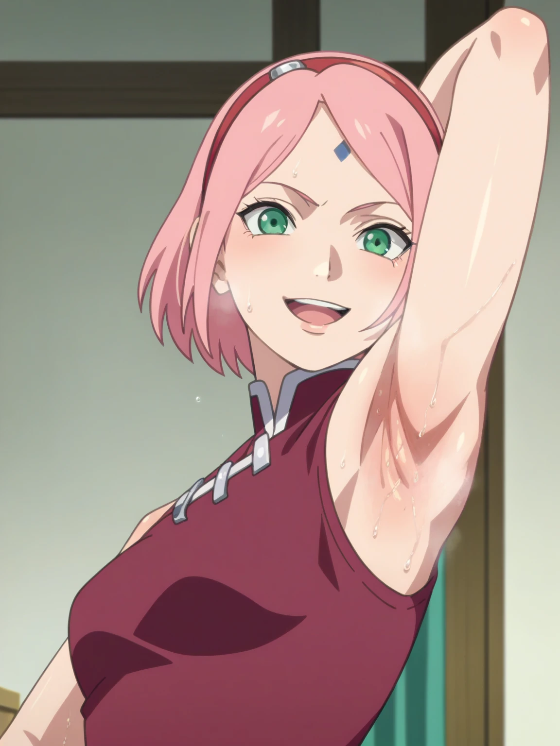 score_9, score_8_up, score_7_up, source_anime, anime screencap, 1girl, solo, indoors, haruno sakura, pink hair, short hair, green eyes, forehead mark, hairband, red sleeveless dress, medium breasts, bare shoulders, bare arms, looking at viewer, eye contact with viewer, head towards viewer, smile, open mouth, arm behind head, armpit, mature female, from side, from below, armpit up close, close-up of armpit, sweaty armpits