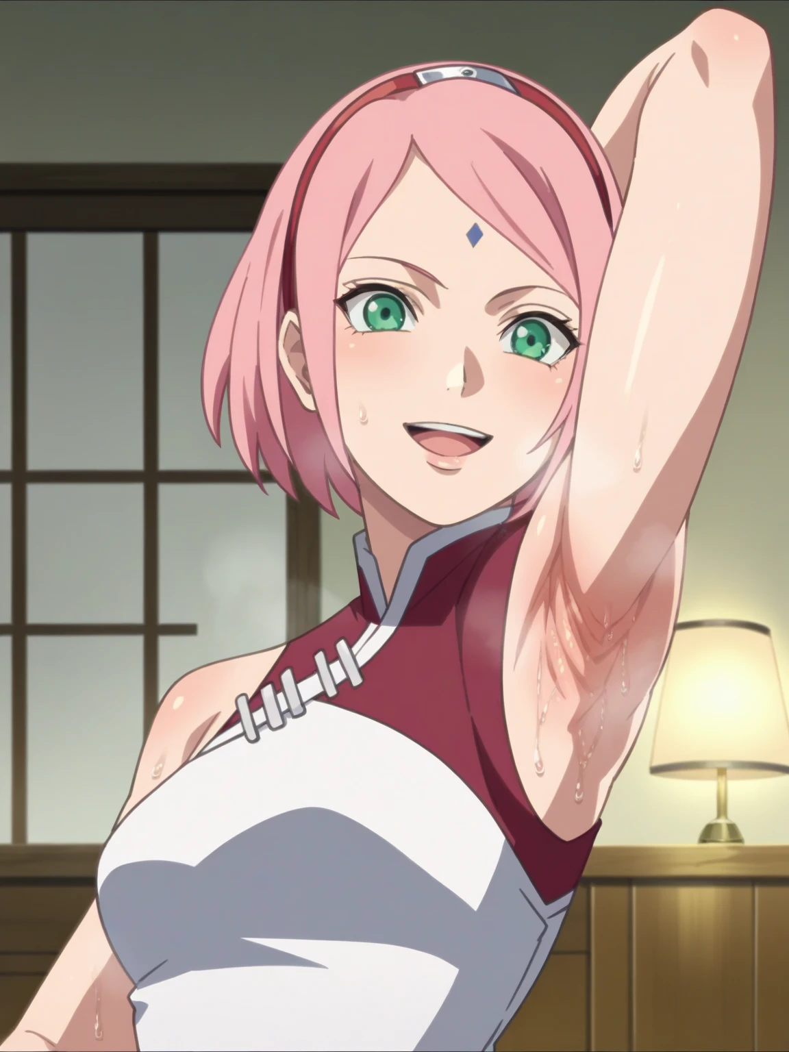 score_9, score_8_up, score_7_up, source_anime, anime screencap, 1girl, solo, indoors, haruno sakura, pink hair, short hair, green eyes, forehead mark, hairband, red sleeveless dress, medium breasts, bare shoulders, bare arms, looking at viewer, eye contact with viewer, head towards viewer, smile, open mouth, arm behind head, armpit, mature female, from side, from below, armpit up close, close-up of armpit, sweaty armpits