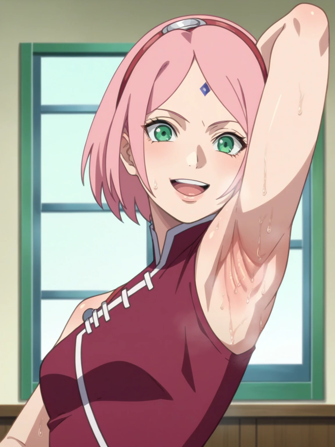 score_9, score_8_up, score_7_up, source_anime, anime screencap, 1girl, solo, indoors, haruno sakura, pink hair, short hair, green eyes, forehead mark, hairband, red sleeveless dress, medium breasts, bare shoulders, bare arms, looking at viewer, eye contact with viewer, head towards viewer, smile, open mouth, arm behind head, armpit, mature female, from side, from below, armpit up close, close-up of armpit, sweaty armpits