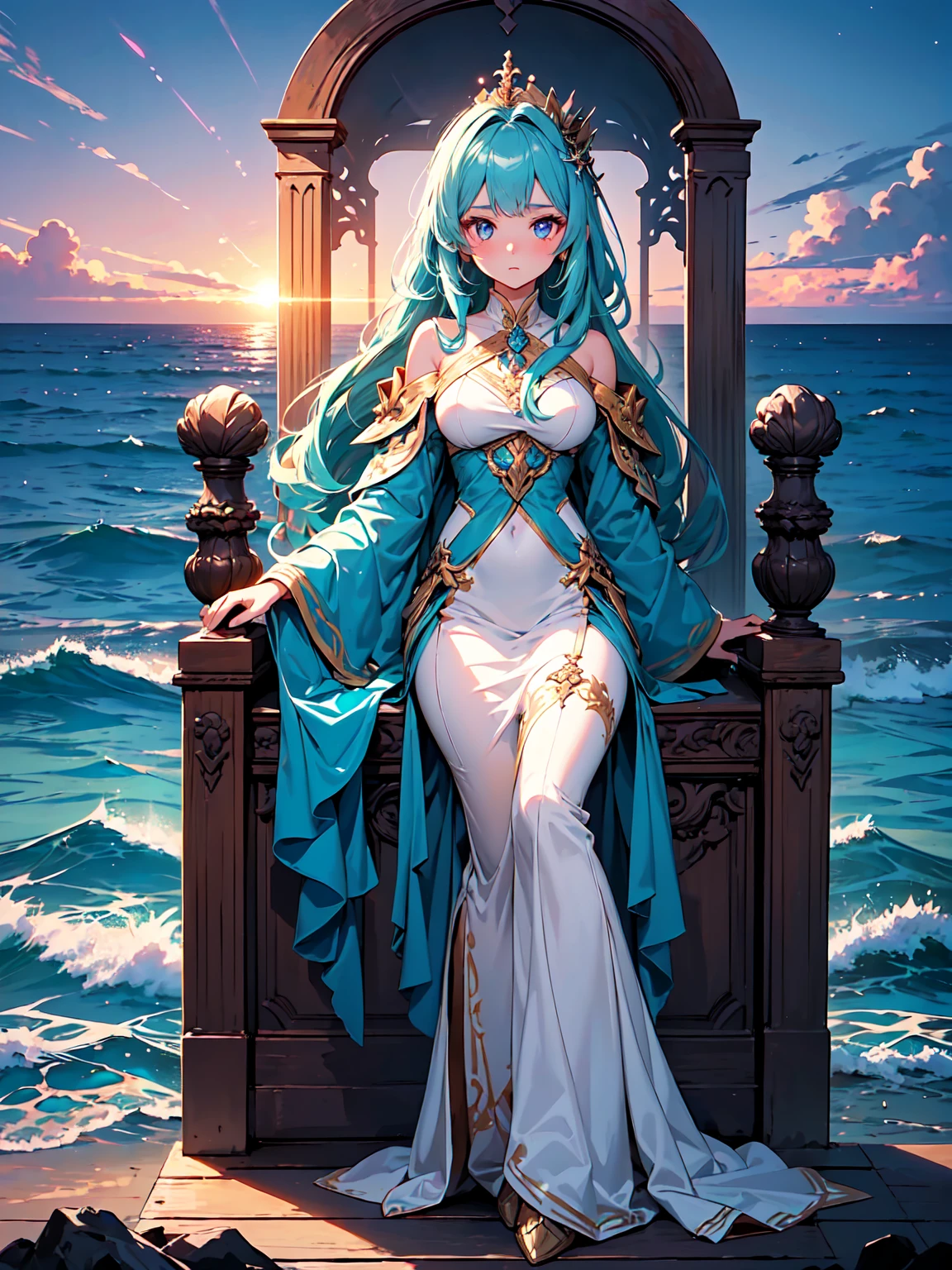 Big-breasted queen, perfect slim body, mature royal sister, blue hair, royal sister face, black face, open-chest outfit, sexy and alluring, beautiful face, full body portrait, 4K picture quality, big, feminine expression, blush shy, large bust, ocean temple, turquoise water, ((beautiful eyes)), side face
