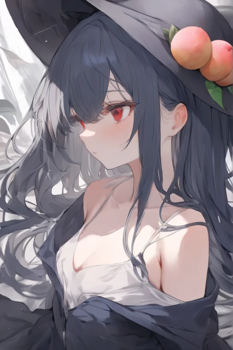 ， Top quality  ，  Best Quality ，  Official Art  ，cool, beautiful, And pick   ， Very Detailed （Fractional art 1 .2），most detailed，  a girl ，  expressionless faces  ， Dark blue long hair   ， wearing a wizard hat，  dark red eyes  ， Seductive Expression ,  background box is partially drawn,   Very Detailed  ,   high detail  ,  Faint Color ，Looking up at the camera, 