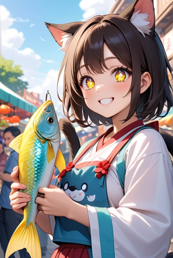 Cat ears, cat tail, Cat girl, holding a big fish in both hands, sparkling eyes, big smile,A vibrant market