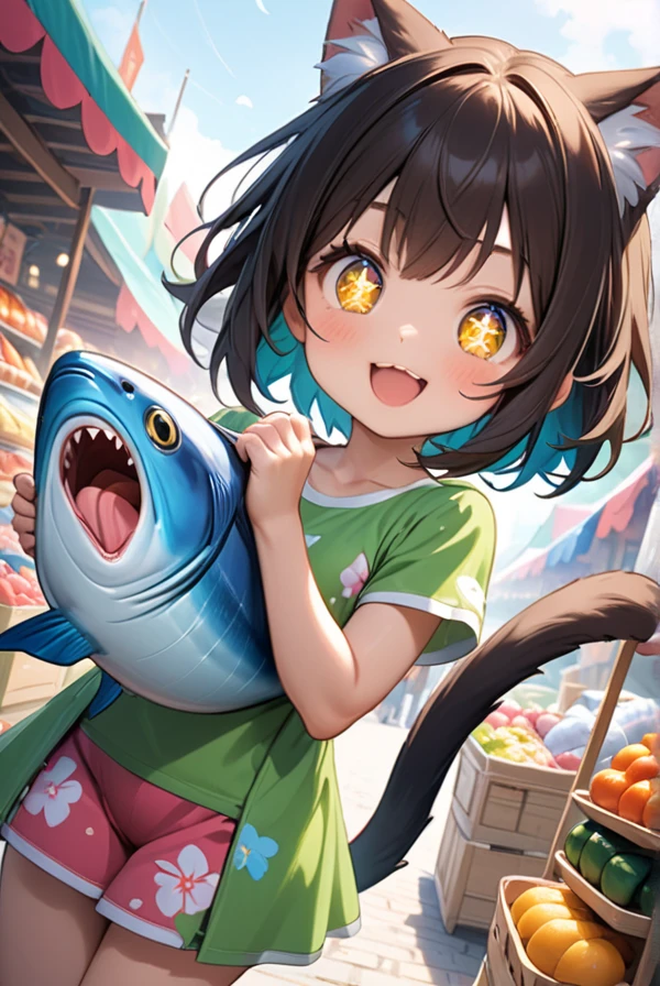 Cat ears, cat tail, Cat girl, holding a big fish in both hands, sparkling eyes, big smile,A vibrant market