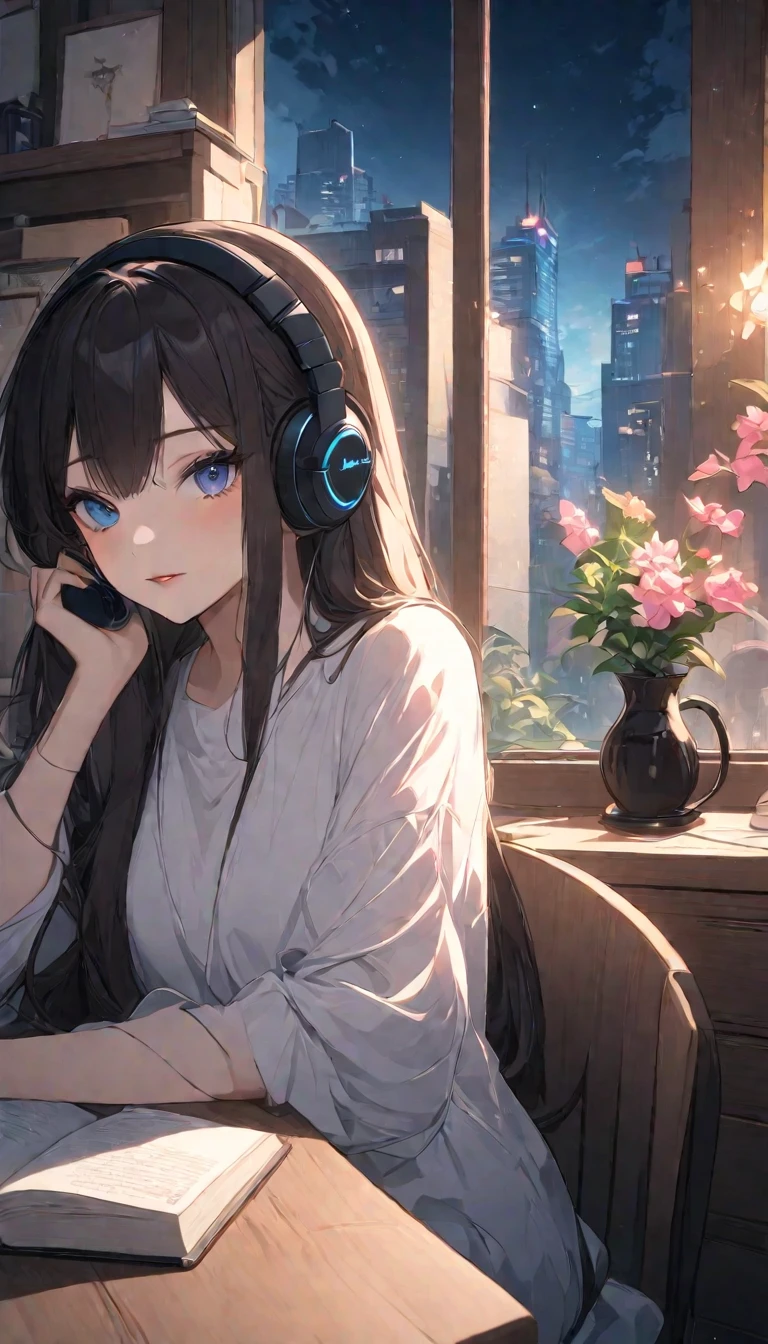 Anime girls wear headphones、sitting at a desk with a book, Anime Style 4k, Nightcore, Anime Art Wallpaper 4K ,  Anime Art Wallpaper 4K,  Anime Art Wallpaper 8K, 4k anime wallpaper, anime wallpaper 4k,  anime wallpaper 4k , Anime atmosphere,  Best Anime 4K Kona-chan Wallpaper , anime style aesthetics ,   Anime Moe Art Style ,  Relaxing Atmosphere ,Outside the window is a night city