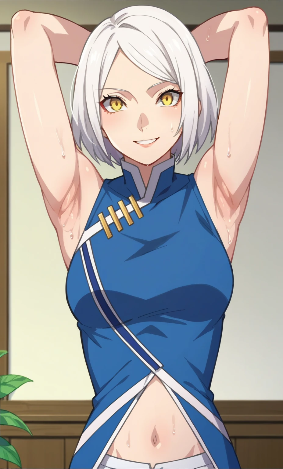 score_9, score_8_up, score_7_up, source_anime, anime screencap, 1girl, solo, indoors, elizabeth from persona 3, short hair, white hair, yellow eyes, blue clothes, blue hat, medium breasts, bare shoulders, bare arms, looking at viewer, eye contact with viewer, facing viewer, smile, closed mouth, arms behind head, armpits, mature female, navel, upper body, white pants , sweaty armpits