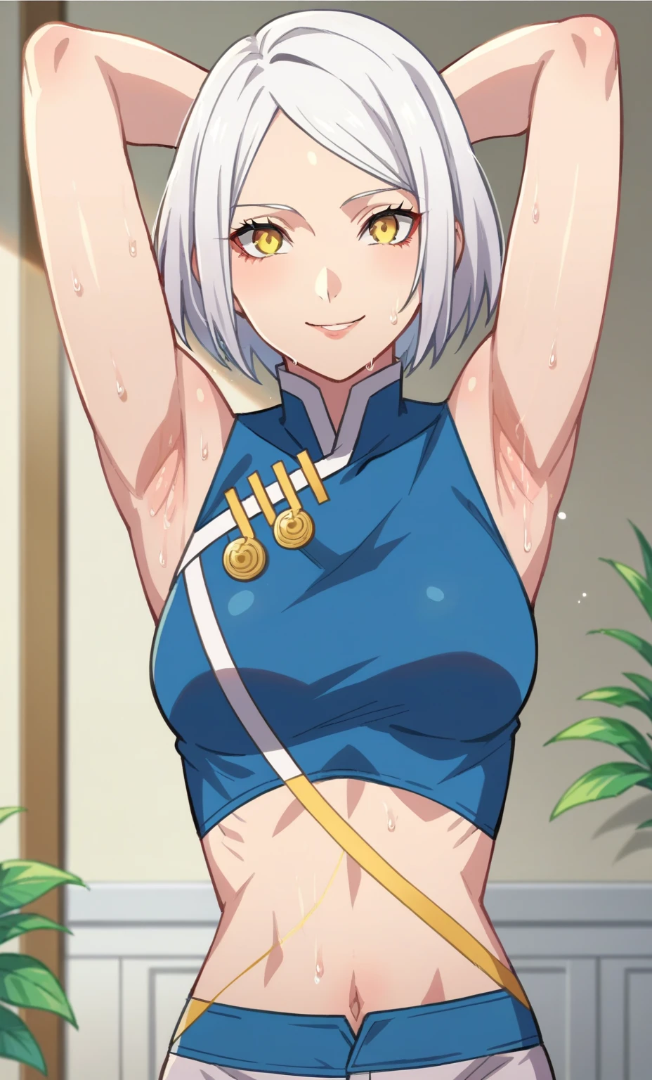 score_9, score_8_up, score_7_up, source_anime, anime screencap, 1girl, solo, indoors,, elizabeth from persona 3, short hair, white hair, yellow eyes, blue clothes, blue hat, medium breasts, bare shoulders, bare arms, looking at viewer, eye contact with viewer, facing viewer, smile, closed mouth, arms behind head, armpits, mature female, navel, upper body, white pants , sweaty armpits