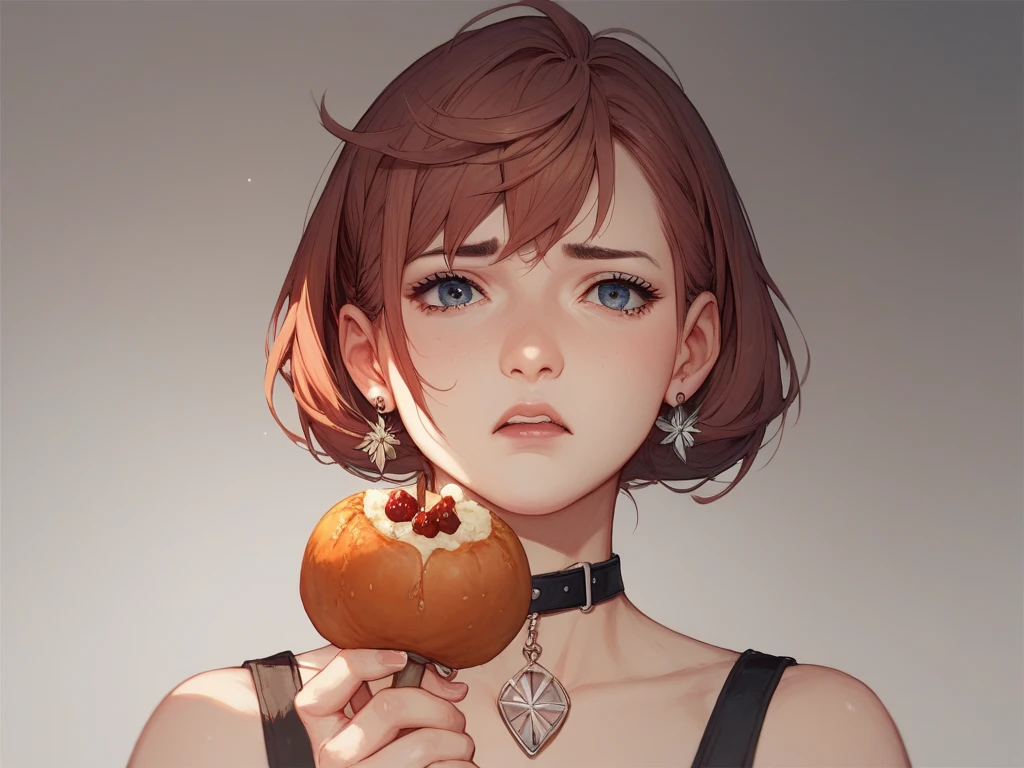 Holding a sweet potato 、 a girl with a sad expression because she can't eat sweet potatoes。 high definition , anime, 