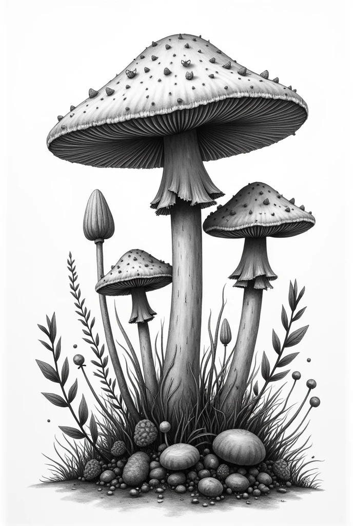 a black and white drawing of mushroom and plants,  detailed 4K drawing , mushroom and plants, mushroom everywhere, Intricate Detailed Digital Art ,  mushroom forest , Detailed drawing, Complex detailed drawings, highly Detailed drawing,  Simplicity of Design ,   highly detailed ink illustrations , High definition illustration, , amazingly detailed art ,  amazingly elaborate art , mushroom, 4K. Detailed drawing