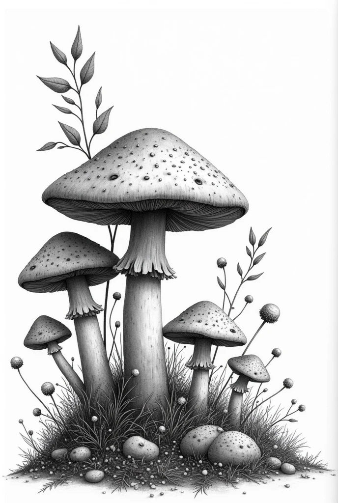 a black and white drawing of mushroom and plants,  detailed 4K drawing , mushroom and plants, mushroom everywhere, Intricate Detailed Digital Art ,  mushroom forest , Detailed drawing, Complex detailed drawings, highly Detailed drawing,  Simplicity of Design ,   highly detailed ink illustrations , High definition illustration, , amazingly detailed art ,  amazingly elaborate art , mushroom, 4K. Detailed drawing