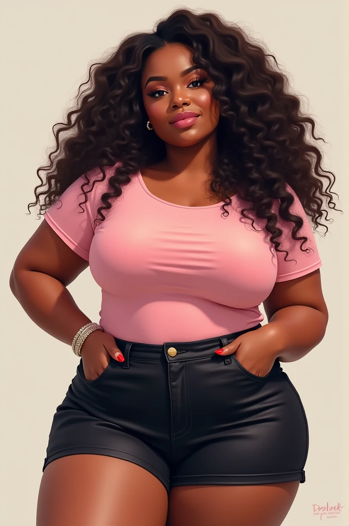 Woman, 30years, with mega gigantic thighs, Super small waist, black curly hair logos, black leather leggings, simple pink shirt, no shopping, ultra realisitic, best 4K UHD quality