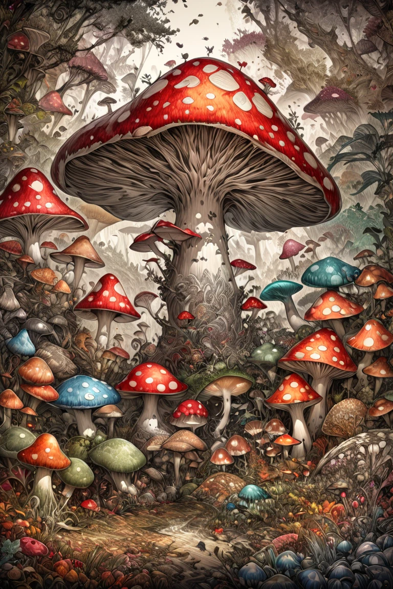 a black and white drawing of mushroom and plants,  detailed 4K drawing , mushroom and plants, mushroom everywhere, Intricate Detailed Digital Art ,  mushroom forest , Detailed drawing, Complex detailed drawings, highly Detailed drawing,  Simplicity of Design ,   highly detailed ink illustrations , High definition illustration, , amazingly detailed art ,  amazingly elaborate art , mushroom, 4K. Detailed drawing