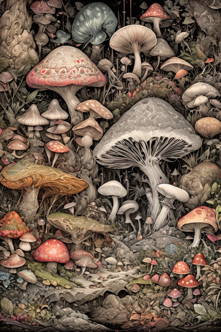 a black and white drawing of mushroom and plants,  detailed 4K drawing , mushroom and plants, mushroom everywhere, Intricate Detailed Digital Art ,  mushroom forest , Detailed drawing, Complex detailed drawings, highly Detailed drawing,  Simplicity of Design ,   highly detailed ink illustrations , High definition illustration, , amazingly detailed art ,  amazingly elaborate art , mushroom, 4K. Detailed drawing