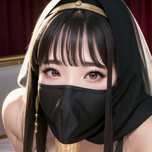  Play、nsfw、 masterpiece ,  best quality, Photographically,  high definition ,  1 girl, Close-up portrait, Queen of the Desert, 黒いヒジャブ, black niqab ,  black dress, 複雑な金のDown着、 Big Breasts、light pink nipples beautiful red eyes , 超詳細な脇のDown,  Hot and Sweaty Side ,  sunburned,  Shiny Skin Desert Castle ,  Backlight ,  volumetric lighting, bedroom 、fellatio_Down_mask, mask,Translucent veil、 kneeling and licking before bed