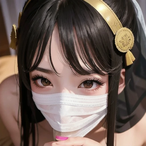  Play、nsfw、 masterpiece ,  best quality, Photographically,  high definition ,  1 girl, Close-up portrait, Queen of the Desert, 黒いヒジャブ, black niqab ,  black dress, 複雑な金のDown着、 Big Breasts、light pink nipples beautiful red eyes , 超詳細な脇のDown,  Hot and Sweaty Side ,  sunburned,  Shiny Skin Desert Castle ,  Backlight ,  volumetric lighting, bedroom 、fellatio_Down_mask, mask,Translucent veil、 kneeling and licking before bed