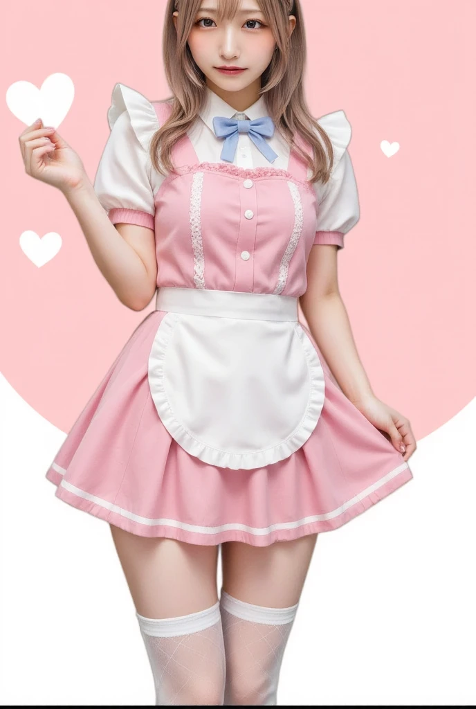 1girl,gal,large breasts,(best quality,absolutely resolution,ultra detailed,masterpiece),(photo realistic),8K,(detailed face),delicate realistic skin texture,(Shining eyes),sexy pose,embarrassed,blush,heart hands,blue eyes,Beautiful Eyes,pink hair,maid headdress,thigh highs,puffy short sleeves,dress,apron,white apron,long hair,two side up,light blue bow,hair ornament,puffy sleeves,short sleeves,pink dress,wrist cuffs,pink bow,maid headdress,puffy short sleeves,dress,white apron,light blue bow,hair ornament,puffy sleeves,short sleeves,pink dress,wrist cuffs,pink bow,hair ornament,pink heart background