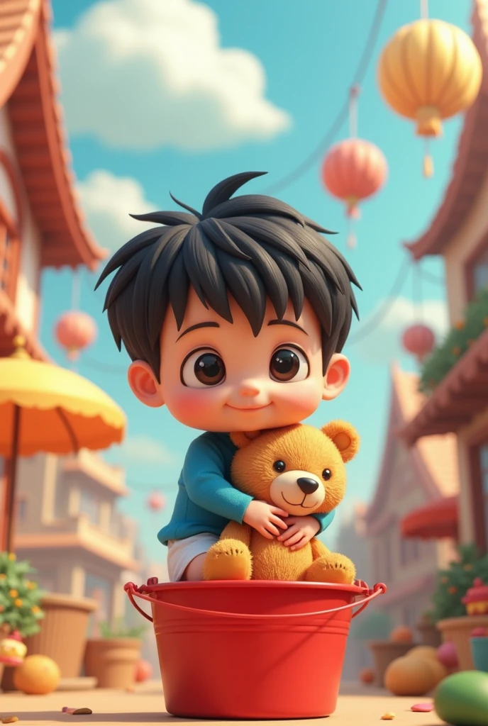 A white child with black hair, holding a digital monster in their hands, smiling