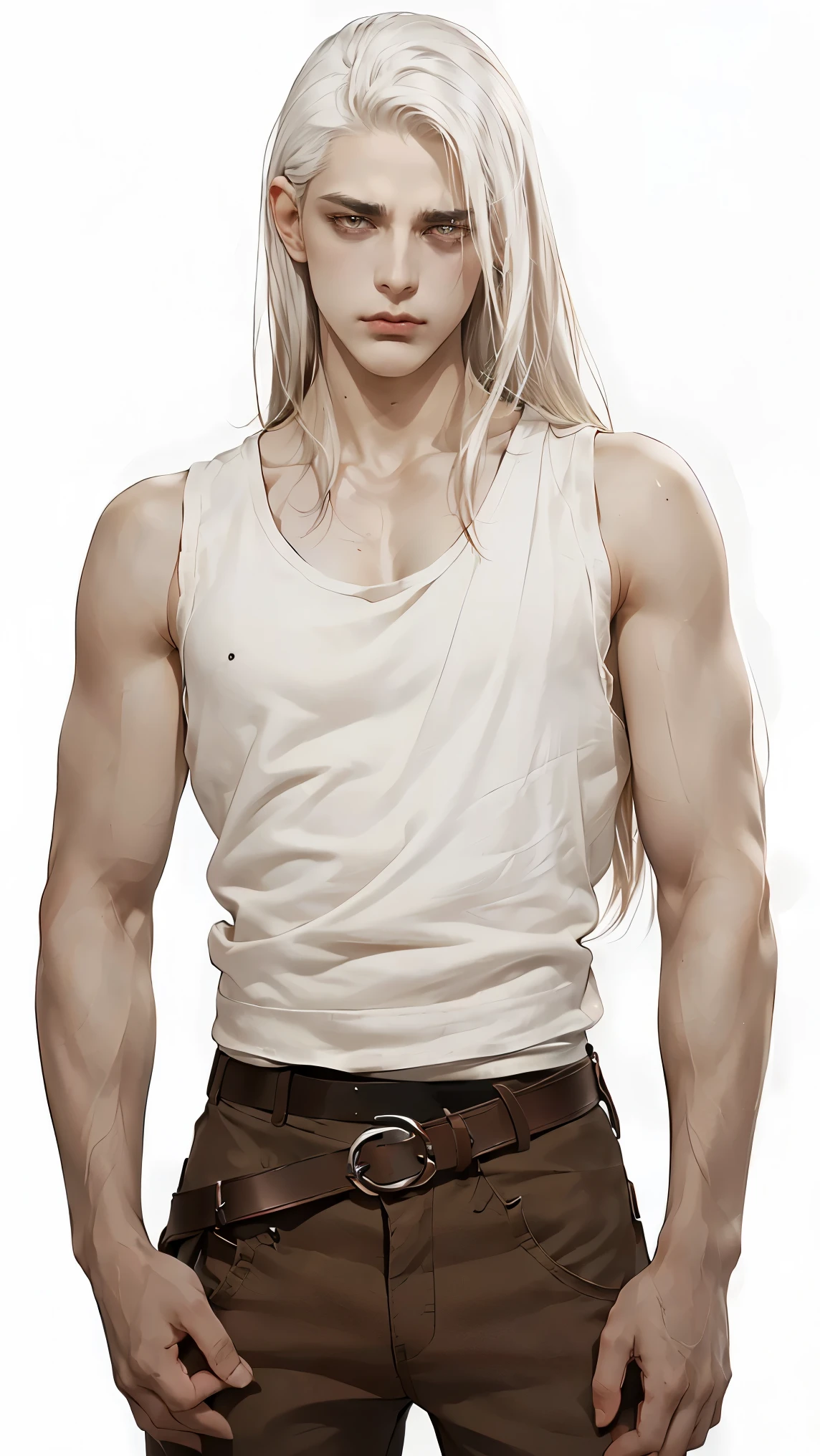 Middle Ages, 1 Male, Middle Age, One, thin, man, Minimalism, (((Linen tank top and brown ports, hip belt ,  Long hair , greek nose, European,  white hair,  broad shoulders , thin, very tall , frowning, sad, young , white background))) ,  Looking at the viewer ,  stands straight 
