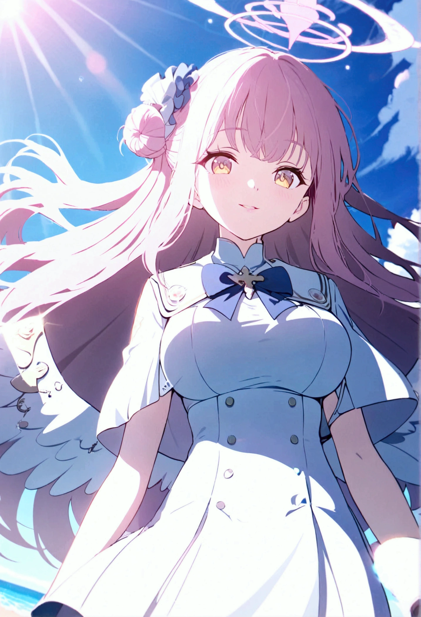 High image quality 、masterpiece、  High Quality   、Full HD、4K 、 depicting only one girl 、 viewed from below、Mika Mizono(blue archive)、 pink long hair  、  golden eyes、 slim、 big chest、 White angel wings from the waist、 pink halo with cross effects and smoke effects(Mika Mizono)、smile、 red cheeks 、White dress uniform 、Empty Beach、 blue sky、 Clear Sea 