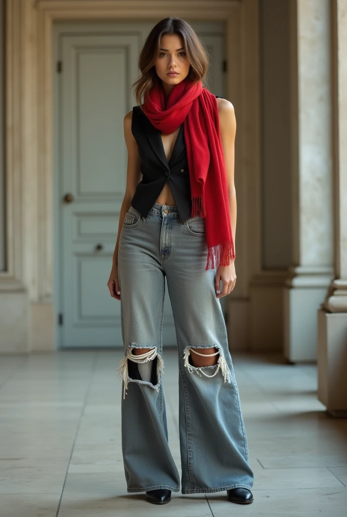 A stunning intricate full color portrait of (sks woman:1) in Lisbon, at the Belem Tower, wearing Turtleneck bodysuit and high-waisted trousers, epic character composition, sharp focus, natural lighting, subsurface scattering, f2, 35mm, film grain, , by William Eggleston, <lora:locon_vanessakirby_v1_from_v1_64_32:1>