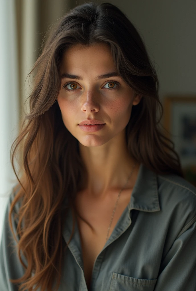 20 year old girl taking a selfie with a seductive face for Instagram with black hair, brunette and dark eyes from a shot from above. You have to wear a blue shirt. The background has to be a common room.