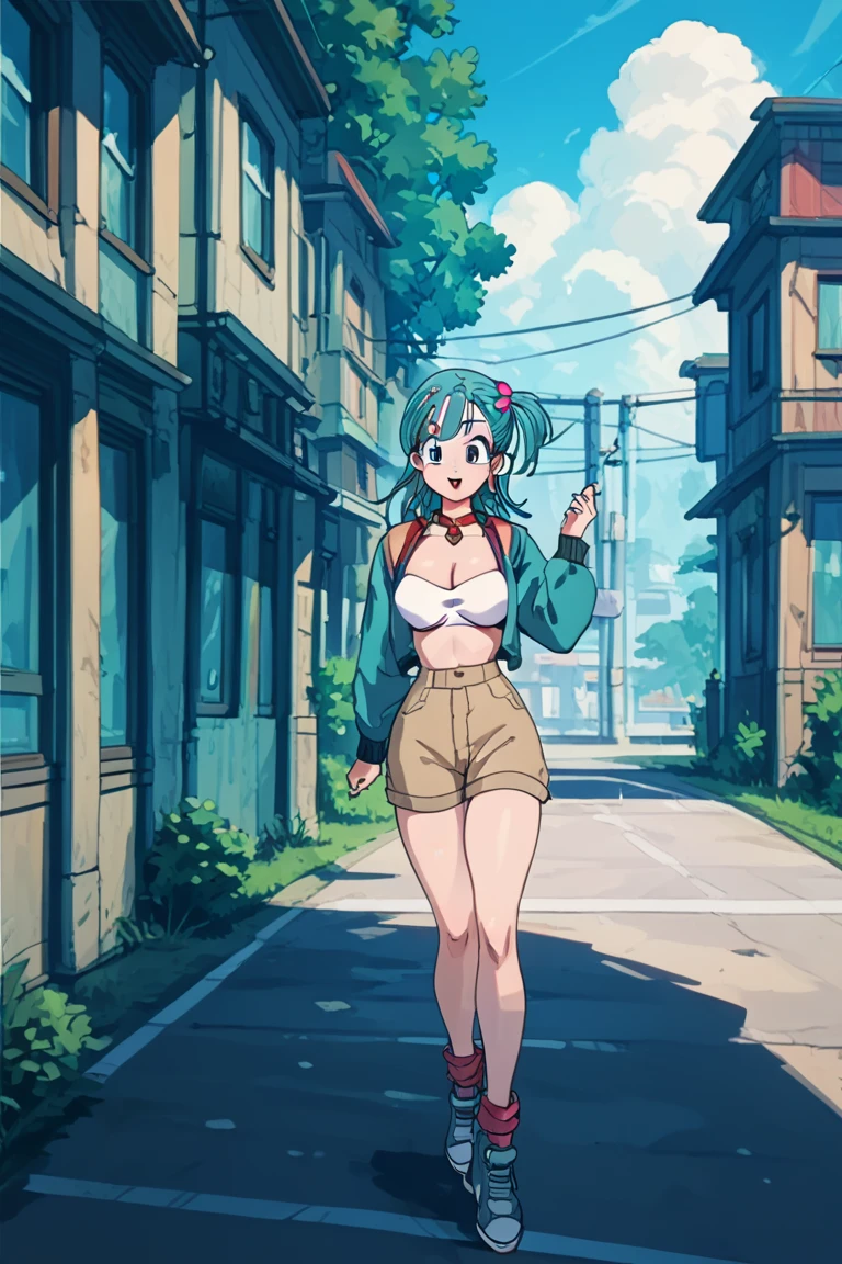 In the distance, Bulma is running in a white bikini,Big Breasts,full body,Side view